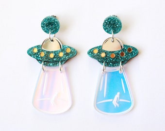 UFO Dangly Earrings in Teal Glitter Acrylic