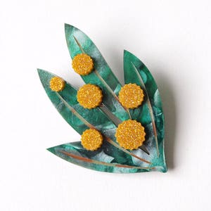 Golden Wattle Brooch in Swirly Green and Glittery Yellow Acrylic