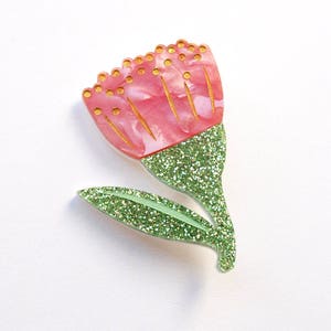Flowering Gum Brooch in Marbled Pink and Green Glitter Acrylic