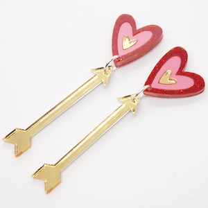 Heart and Arrow Dangly Earrings in Red, Pink and Gold Acrylic