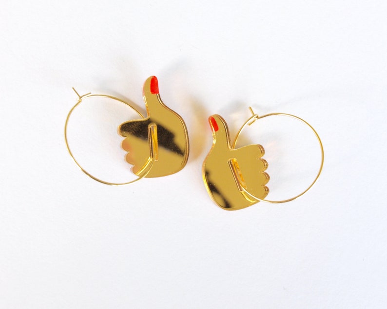 Interactive Thumbs Up / Down Earrings in Gold Mirror Laser Cut Acrylic image 5