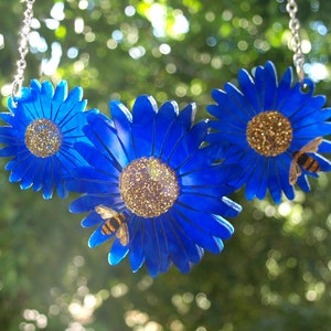 Blue Gerbera Necklace in Blue Marbled Acrylic and Glittery Gold Acrylic image 2