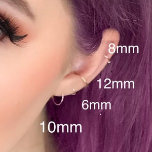 Young teenaged girl with purple hair and infinity hoop ring piercings in nose and ear, sizes identified with text showing best options for lobe, conch and helix.