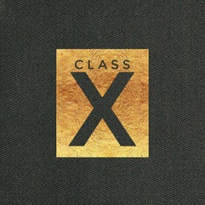 Logo for Class X piercing jewelry of black tweed textured box and gold inset box that reads Class X.