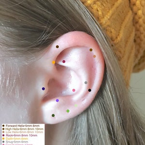 Sizing reference guideline chart of young person's ear with color coded points that identify upper, middle and lower ear piercing names and common best hoop sizes worn in each piercing.