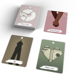 Puede incluir: Cuatro cartas con ilustraciones y texto. La primera carta es rosa y presenta un plato roto con un coraz&oacute;n rosa en su interior. El texto dice "Emociones y recuerdos". La segunda carta es rosa con un fondo de brillo y presenta dos manos que se sostienen. El texto dice "Reconocimiento de alma gemela". La tercera carta es marr&oacute;n con una silueta de una persona. El texto dice "Ego". La cuarta carta es verde con un coraz&oacute;n doblado de un billete de d&oacute;lar. El texto dice "Dinero vs. Amor".