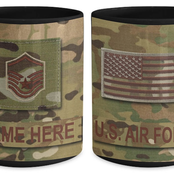 US Air Force Personalized OCP Mug; All Ranks, E1-O6 - Customize with Name/Text/Rank; 15 oz Cup - Gift for Veteran, Dad, Husband, Mom, Wife