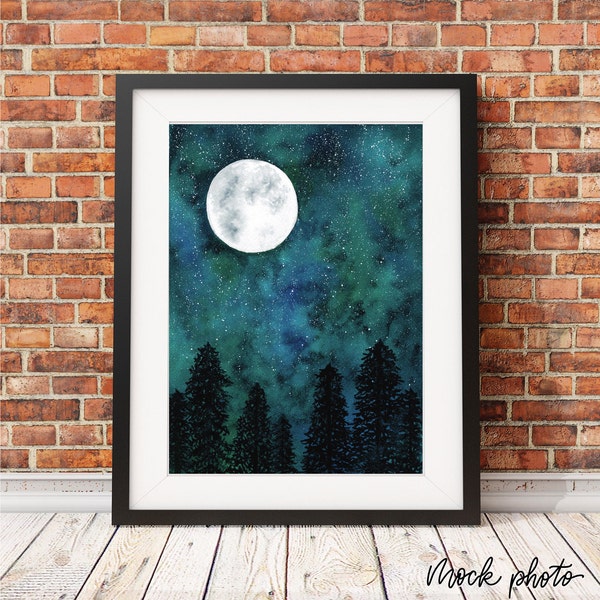 Galaxy Watercolor Print | Full Moon Forest Galaxy | lanscape art outerspace celestial stars trees, 5x7, 8x10, 9x12, 11x14