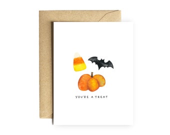 Happy Halloween Card | "You’re a Treat" pumpkin fall october trick or treat kids punny pun funny cute birthday card thank you