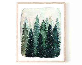 DIGITAL Print - Forest Trees Watercolor Print | pine poster nature art dorm decor nursery baby boy baby girl green wall art poster print