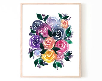 Floral Watercolor Print | "Loose Rainbow Roses" multicolored flower art paint painting bouquet wall art home decor