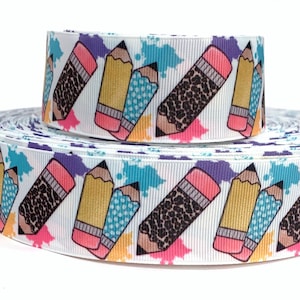 GROSGRAIN RIBBON 5/8&quot;, 7/8&quot;, 1.5&quot; & 3&quot; Back To School Crayons Pencils  Printed ( Add to Cart, Save on Combine Shipping)