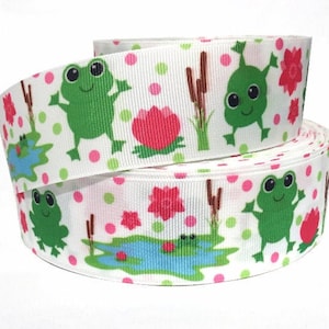 Grosgrain Ribbon 5/8", 7/8", 1.5", 3"  Frogs with Flowers  USA Seller ( Buy Another One, Add to Cart,  Save on Combine Shipping )