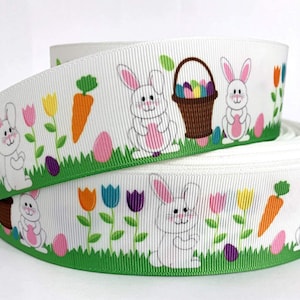 Grosgrain Ribbon 5/8", 7/8", 1.5", 3" Easter Rabbit Bunny on Grass Baskets For Gifts, Hair bows  ( We Combine Shipping, Add to cart )