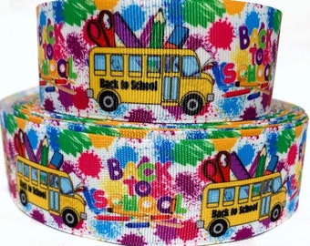 GROSGRAIN RIBBON 5/8", 7/8", 1.5" & 3" Back To School Bus Books  Crayons Pencils Printed ( Add to Cart, Save on Combine Shipping)