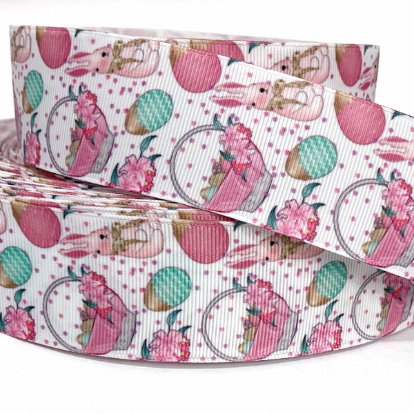 Grosgrain Ribbon 5/8", 7/8", 1.5" Easter Bunny Rabbit in Baskets Pink For Gifts, Hair bows  We Combine Shipping, Add to cart )