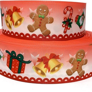 GROSGRAIN RIBBON 5/8", 7/8", 1.5",  3" Christmas Gingerbread Man Presents Candy Canes Printed  ( Add to Cart, Save on Combine Shipping)