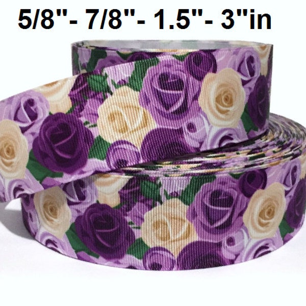 Grosgrain Ribbon 5/8",7/8",1.5", 3" Flowers Roses Spring Summer Purple Lavender Beige Valentine's  ( Add to Cart, Save on Combine Shipping )