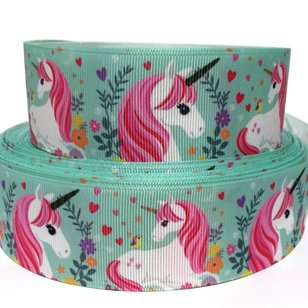 GROSGRAIN RIBBON  5/8", 7/8", 1.5" & 3" Unicorns Green with Flowers Printed  ( Buy Another One, Add to Cart,  Save on Combine Shipping )
