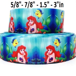 GROSGRAIN RIBBON  5/8", 7/8", 1.5", 3" Mermaid Cartoon M5D Printed By the Yard ( Buy Another One, Add to Cart,  Save on Combine Shipping )