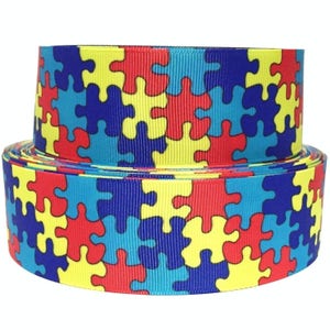 Grosgrain Ribbon 5/8&quot;, 7/8&quot; 1.5&quot; or 3&quot; Autism Awareness Puzzle Pieces  - AU7 - Blue red Yellow ( Add to Cart, Save on Combine Shipping)