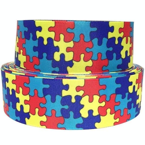 Grosgrain Ribbon 5/8", 7/8" 1.5" or 3" Autism Awareness Puzzle Pieces  - AU7 - Blue red Yellow ( Add to Cart, Save on Combine Shipping)