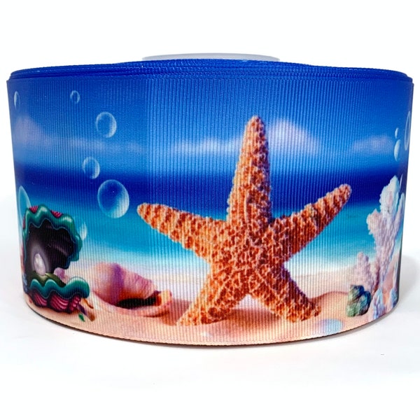 GROSGRAIN RIBBON 5/8", 7/8", 1.5", 3" Starfish Ocean Sea Shells Nautical Printed ( Buy Another One, Add to Cart, Save on Combine Shipping)