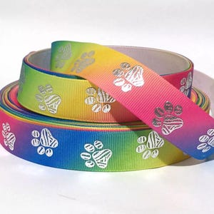 GROSGRAIN RIBBON 7/8" Foil Paw Prints On Rainbow Colors Printed Dogs  By the Yard ( Add to Cart,  Save on Combine Shipping)