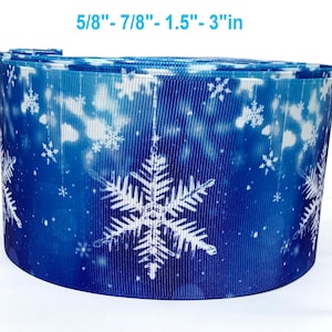 GROSGRAIN RIBBON 5/8&quot;, 7/8&quot;,  1.5&quot;, 3&quot; Snowflakes Blue Christmas Snow Winter Printed ( Add to Cart, Save on Combine Shipping)