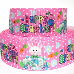 Grosgrain Ribbon 5/8", 7/8", 1.5", 3" Happy Easter Rabbit Pink Bunny Eggs For Gifts, Hair bows  ( We Combine Shipping, Add to cart )