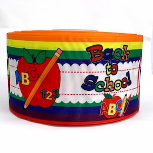 GROSGRAIN RIBBON 5/8", 7/8", 1.5" & 3" Back To School ABC Crayons Pencils Apple  ( Add to Cart, Save on Combine Shipping)