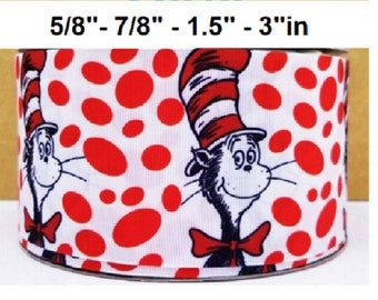 May include: Red and white ribbon with a repeating pattern of red polka dots and a cartoon cat wearing a red and white striped hat. The cat is wearing a black bow tie. The ribbon is available in widths of 5/8", 7/8", 1.5", and 3" inches.