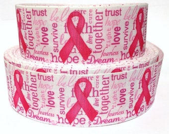 Grosgrain Ribbon 5/8", 7/8", 1.5", 3" Breast Cancer Awareness Survive Printed  By The Yard - USA Seller