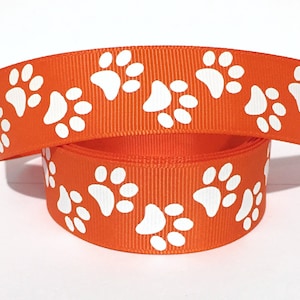 GROSGRAIN RIBBON 1" White Paw Prints on Orange P15 Dogs By the Yard Printed Gift ( Add to Cart,  Save on Combine Shipping )