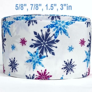 GROSGRAIN RIBBON 5/8", 7/8" , 1.5", 3"  Blue Purple Snowflakes on White Printed Christmas  Gifts (  Add to Cart,  Save on Combine Shipping