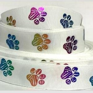 Grosgrain Ribbon 7/8&quot; Colorful Foil Paw Prints on White Ribbon USA SELLER ( Buy Another One, Add to Cart,  Save on Combine Shipping )