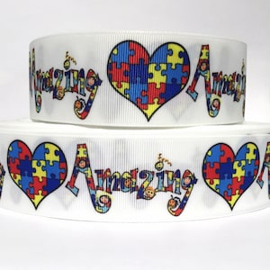 Grosgrain Ribbon 5/8&quot;, 7/8&quot;, 1.5&quot; & 3&quot; Autism Awareness Puzzle Pieces Amazing AU8 Printed ( Add to Cart,  Save on Combine Shipping )