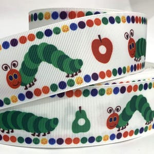 GROSGRAIN RIBBON 5/8", 7/8", 1.5", 3" Caterpillar Apples Dots School Kids Printed  By the Yard ( Add to Cart,  Save on Combine Shipping)