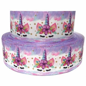 GROSGRAIN RIBBON  5/8", 7/8", 1.5" & 3" Unicorns Flowers U17 Purple Printed  ( Buy Another One, Add to Cart,  Save on Combine Shipping )