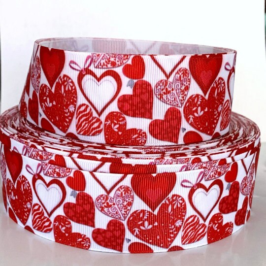 Cinta de grosgrain 5/8", 7/8", 1,5" y 3" Corazones rojos Día de San Valentín Impreso para regalos Lazos para el cabello (Agregar al carrito, ahorrar en envío combinado)