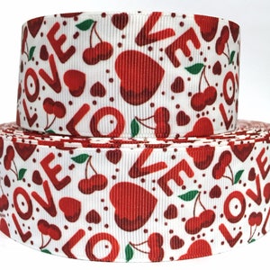GROSGRAIN RIBBON 5/8&quot;, 7/8&quot;, 1.5&quot;, 3&quot; Cherries Hearts Valentine&#39;s Mother&#39;s Day Love VP - Printed