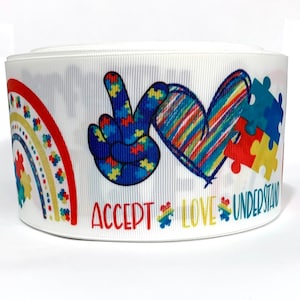 Grosgrain Ribbon 5/8&quot;, 7/8&quot; 1.5&quot; or 3&quot; Autism Awareness Puzzle Pieces  - A9U - Blue red Yellow ( Add to Cart, Save on Combine Shipping)