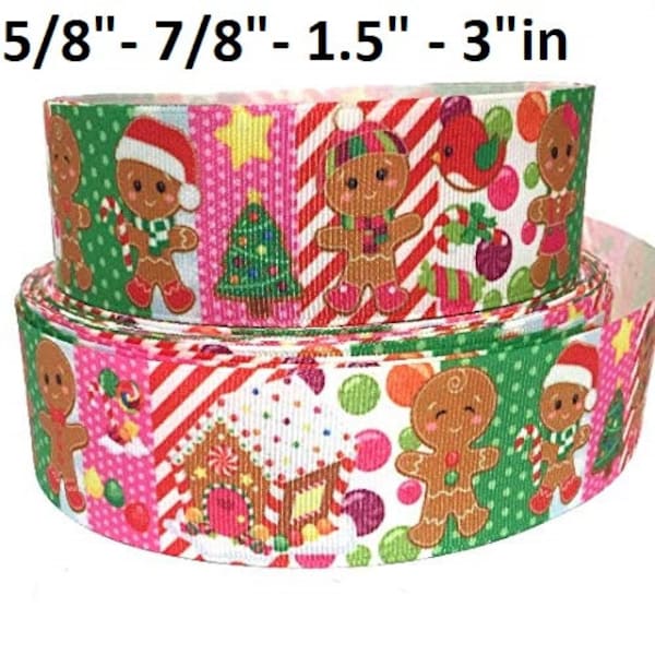 GROSGRAIN RIBBON 5/8", 7/8", 1.5",  3" Christmas Tree Gingerbread Man Presents Candy Canes Printed  ( Add to Cart, Save on Combine Shipping)