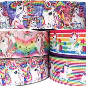 GROSGRAIN RIBBON  7/8&quot; & 1.5&quot; ( 5 Yard mixed lot ) -Unicorns Unicorn - LT1 - B - Printed ( 1 Yard per design in the picture) Bulk -Wholesale