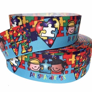 Grosgrain Ribbon 5/8&quot;, 7/8&quot;,  1.5&quot; & 3&quot; AUTISM Awareness Puzzle Pieces Kids Printed AU14 ( Add to Cart,  Save on Combine Shipping )