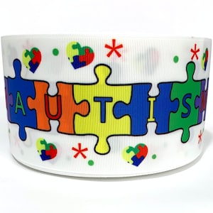 Grosgrain Ribbon 5/8&quot;, 7/8&quot; 1.5&quot; or 3&quot; Autism Awareness Puzzle Pieces  - A8U - Blue red Yellow ( Add to Cart, Save on Combine Shipping)