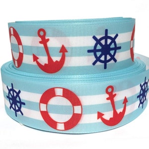 GROSGRAIN RIBBON 5/8", 7/8", 1.5", 3"  Sailboats Sea Boats Anchors Nautical Stripes Printed ( Add to Cart,  Save on Combine Shipping)