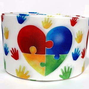 Grosgrain Ribbon 5/8&quot;, 7/8&quot; 1.5&quot; or 3&quot; Autism Awareness Puzzle Pieces  - A8U - Blue red Yellow ( Add to Cart, Save on Combine Shipping)