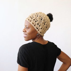 Textured Crochet Messy Bun Beanie, Bun Beanie for Women, Crochet Beanie for Women, Freestyle Crochet Beanie image 6