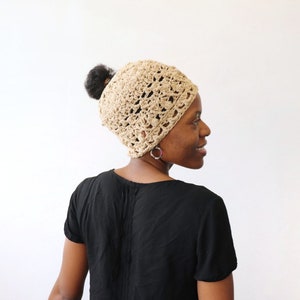 Textured Crochet Messy Bun Beanie, Bun Beanie for Women, Crochet Beanie for Women, Freestyle Crochet Beanie image 2